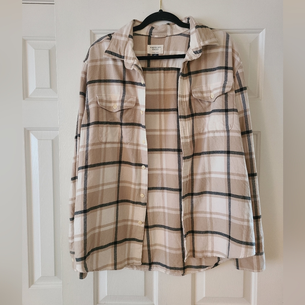 American Eagle Tan Plaid Button-Up Shirt